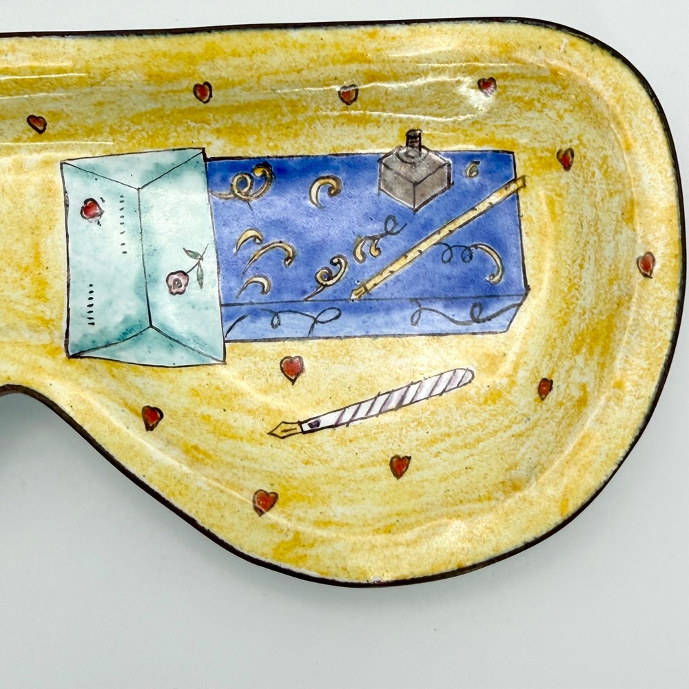 Empress Arts 2002 Handpainted Enamel Trinket Eyeglass Tray Yellow Floral Hearts - Picture 5 of 8